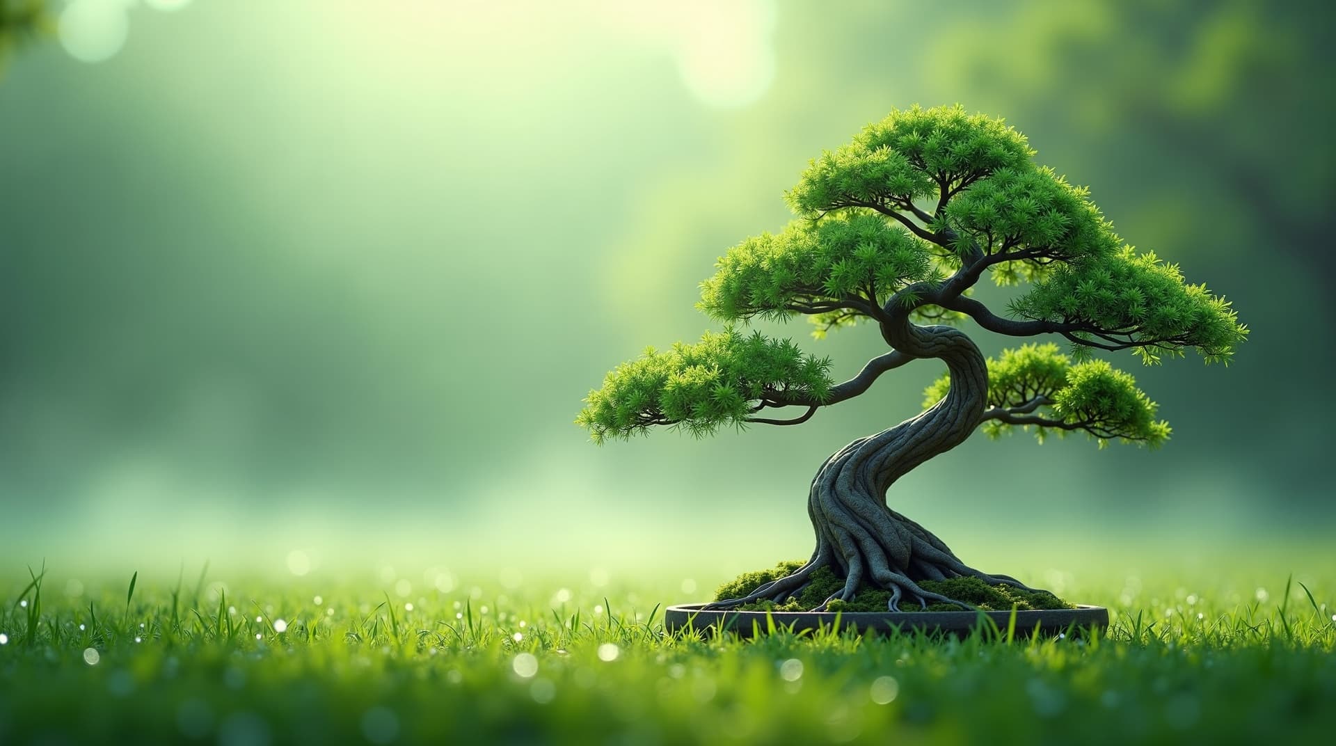 Peaceful bonsai tree in a serene field